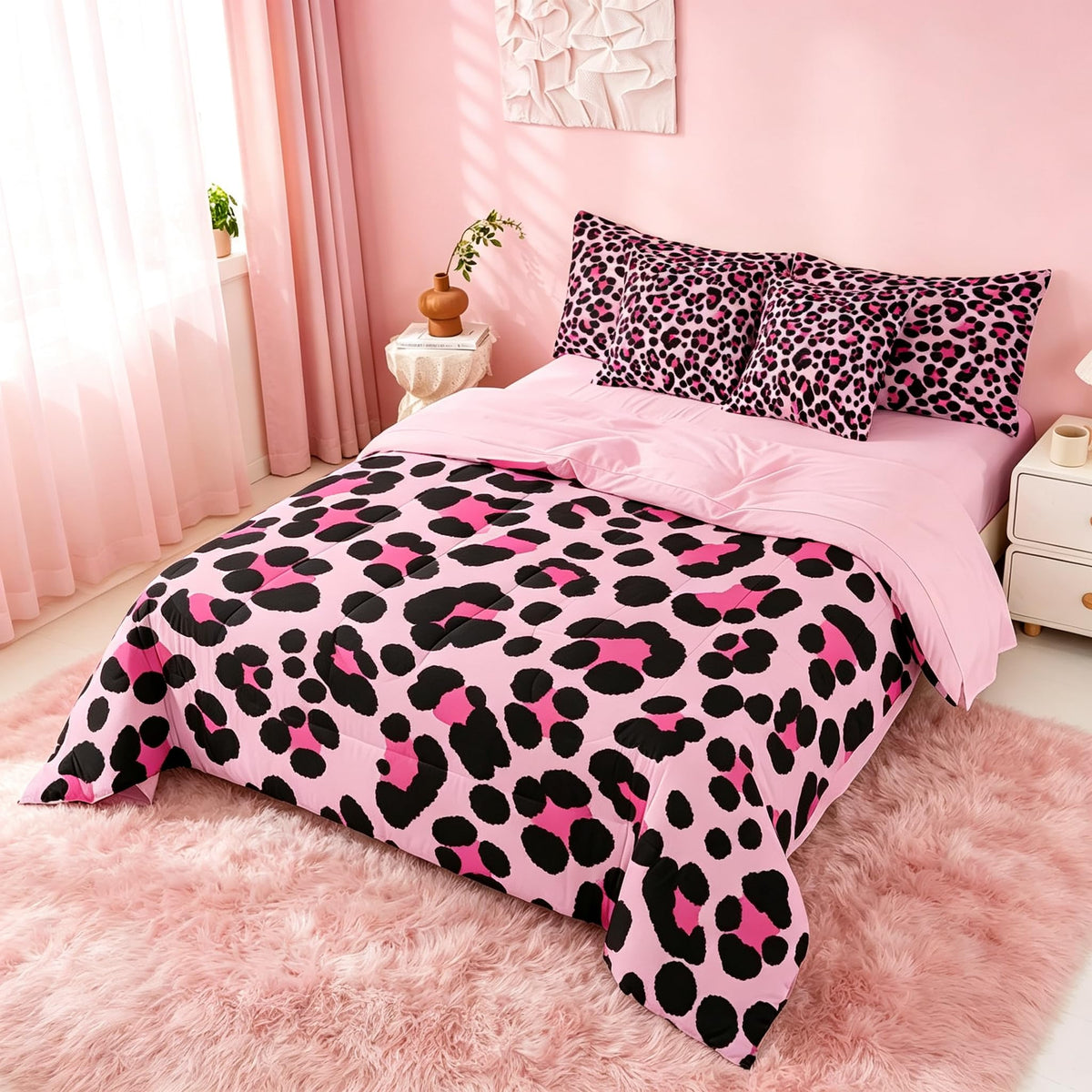 Erosebridal Leopard Print 7 Piece Bedding Set Full Cheetah Decor Comforter Set with Sheets Geometric Modern Bed in A Bag African Safari Animal Bed Sets with 2 Pillowcases, 2 Pillow Covers Lightweight