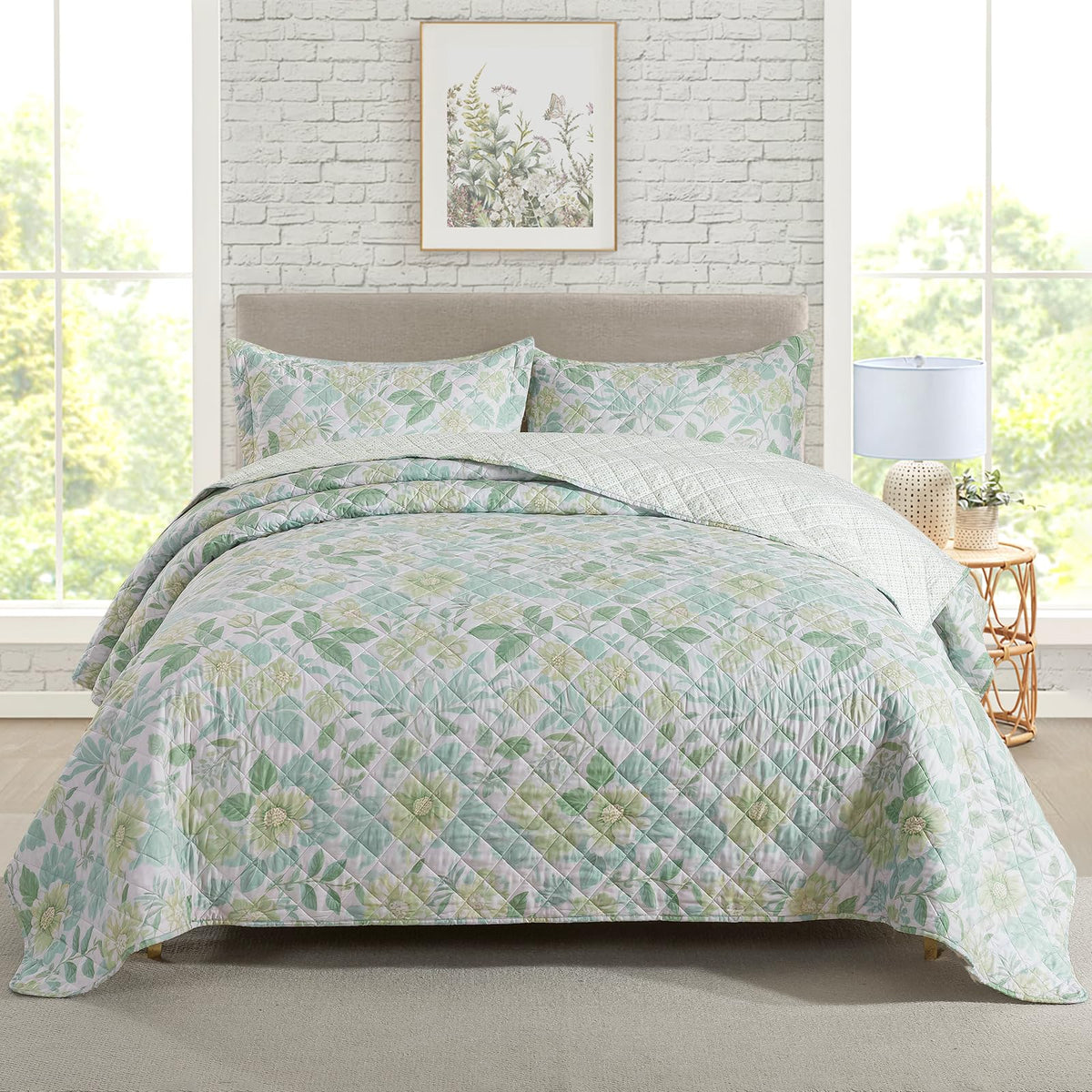 Travan 3-Piece Quilt Set Quilted Bedspread Lightweight Coverlet Set Garden Style Floral Printed Oversized Quilted Bedding Set with Shams for All Season, Exquisite, Queen Size