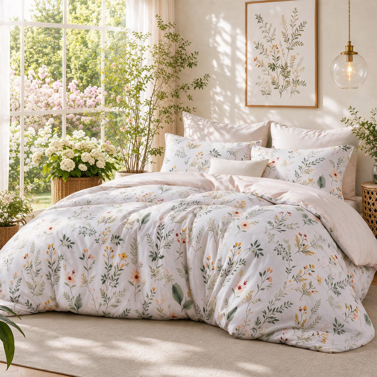 MUXHOMO Beige Full Comforter Set, Elegant Floral Print Bed in a Bag 7 Pieces, Ultra Soft & Breathable Reversible Botanical Pattern Bedding Set with Comforter, Sheets, Pillowcases, and Shams