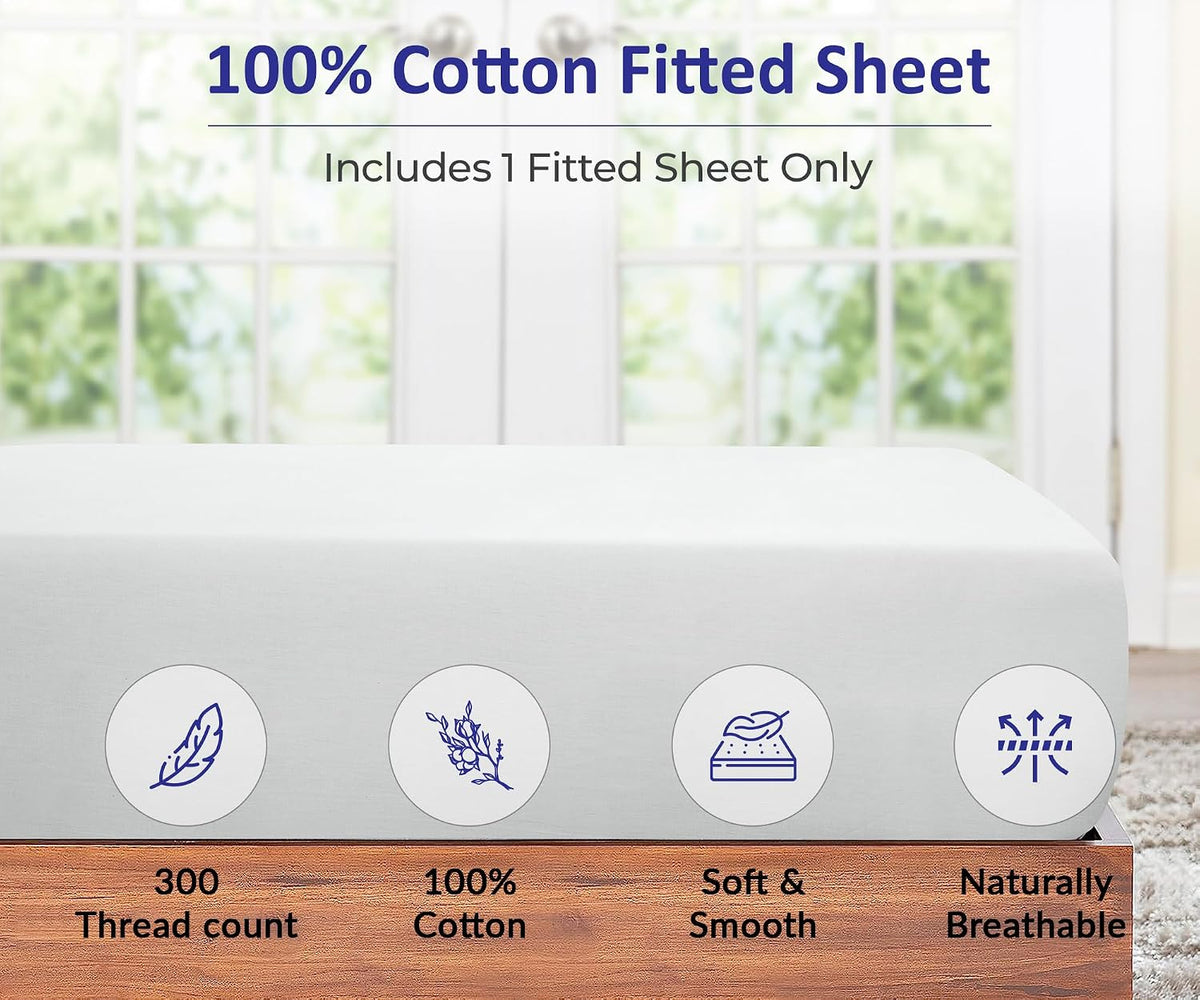 ROYALE LINENS 300 Thread Count 100% Long Staple Combed Cotton Fitted Sheet Full - Super Soft Deep Pocket Bottom Sheet - Fitted Sheets Only - Elastic Sheets (Full, White)