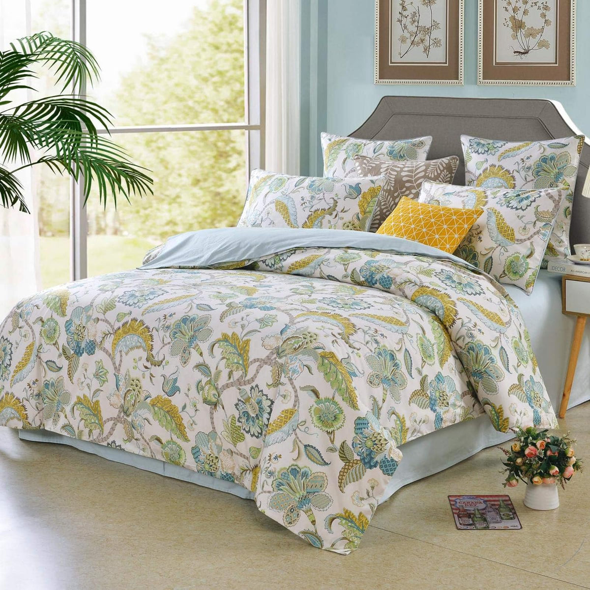 mixinni Duvet Cover Set King Size Bird Flower Pattern Soft Long Staple Cotton Floral Bedding Comforter Cover Set with Zipper Ties for Women and Men, Ultra Soft, Breathable, Easy Care-King Size