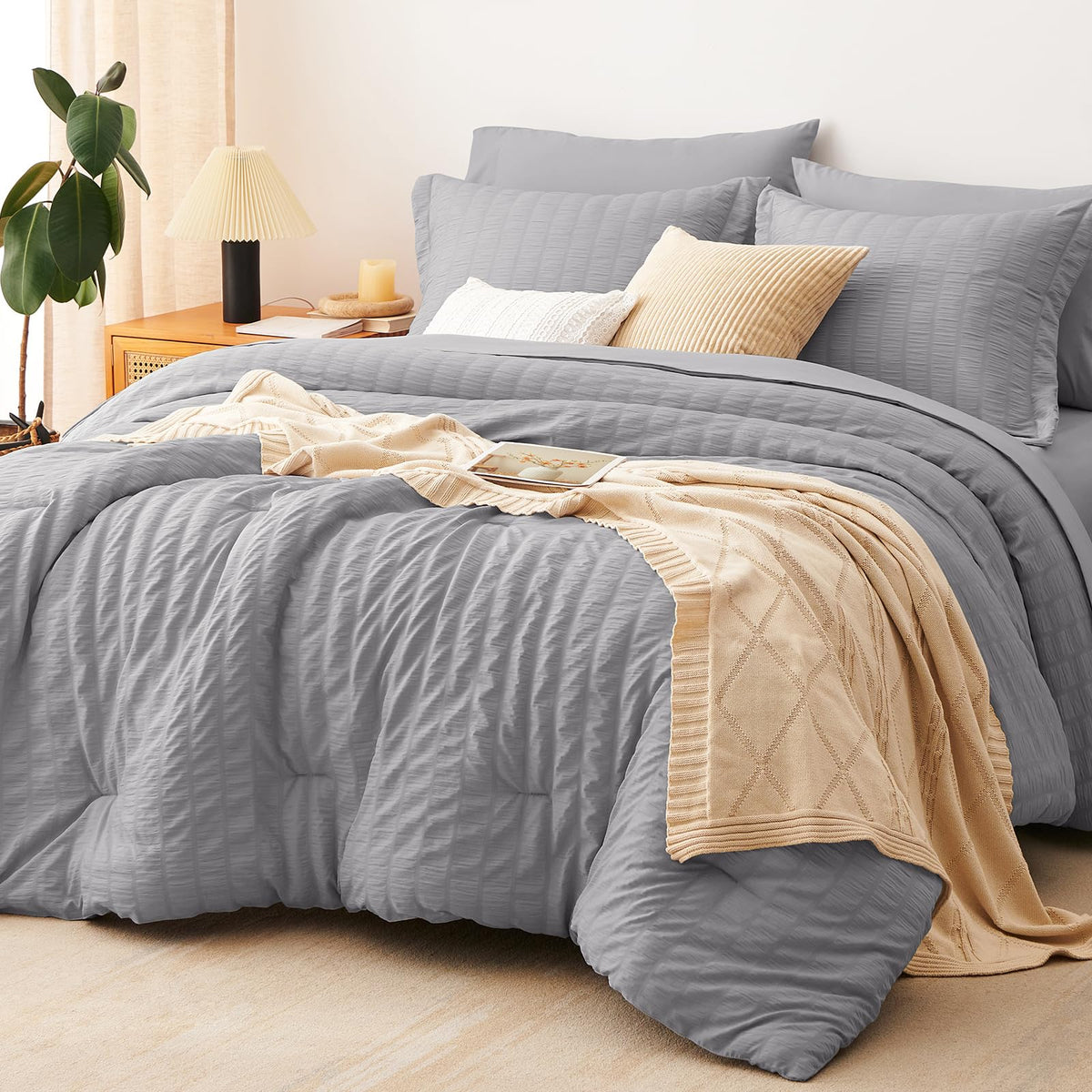 CozyLux Queen Comforter Set, 7 Pieces Beige Seersucker Bed in a Bag