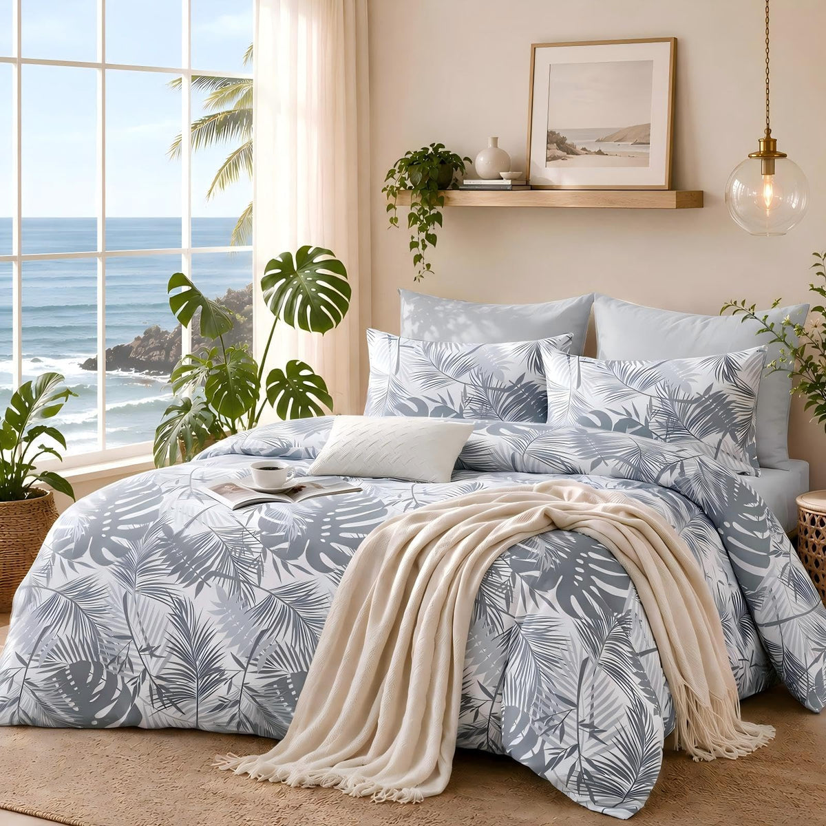 MUXHOMO Beige Full Comforter Set, Elegant Floral Print Bed in a Bag 7 Pieces, Ultra Soft & Breathable Reversible Botanical Pattern Bedding Set with Comforter, Sheets, Pillowcases, and Shams