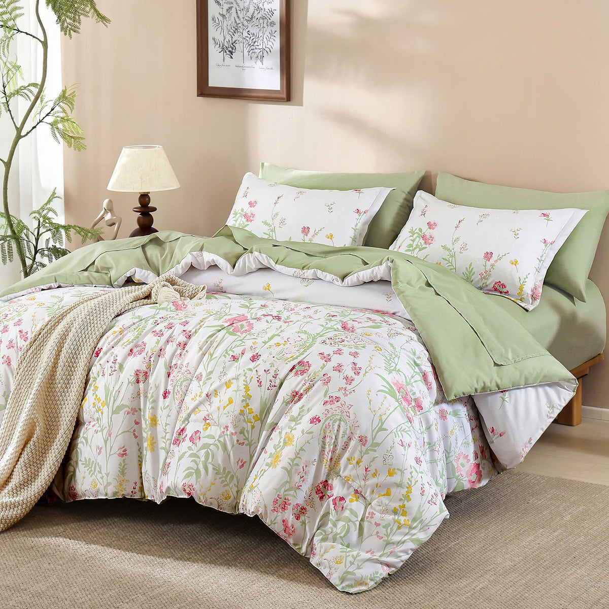 7 Piece Floral Full Size Comforter Set,Burnt Orange Cute Bedding for Girls