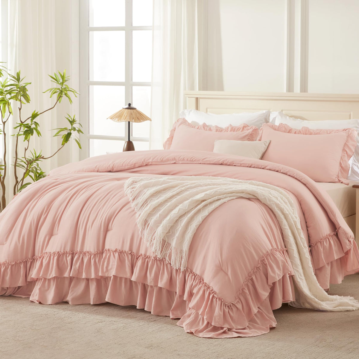 Andency Beige Ruffle Full Size Comforter Set, 3 Pieces