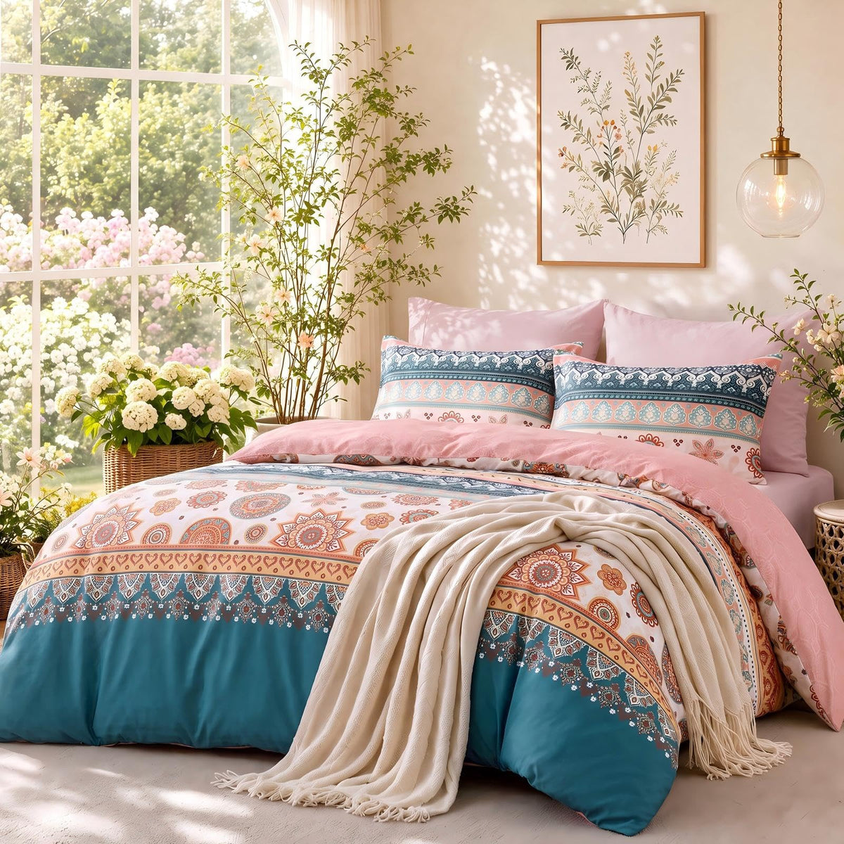 MUXHOMO Beige Full Comforter Set, Elegant Floral Print Bed in a Bag 7 Pieces, Ultra Soft & Breathable Reversible Botanical Pattern Bedding Set with Comforter, Sheets, Pillowcases, and Shams