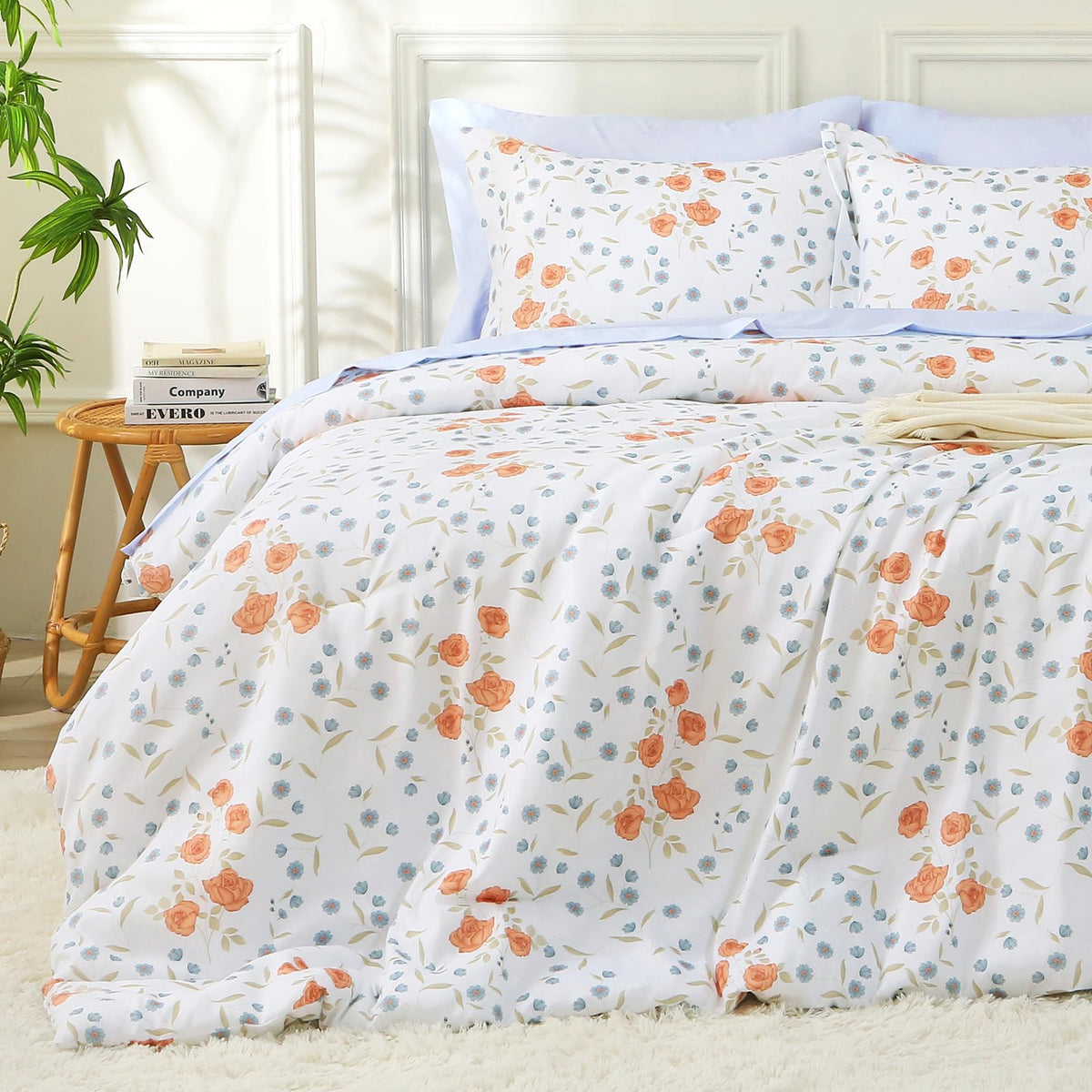 MUXHOMO Beige Full Comforter Set, Elegant Floral Print Bed in a Bag 7 Pieces, Ultra Soft & Breathable Reversible Botanical Pattern Bedding Set with Comforter, Sheets, Pillowcases, and Shams