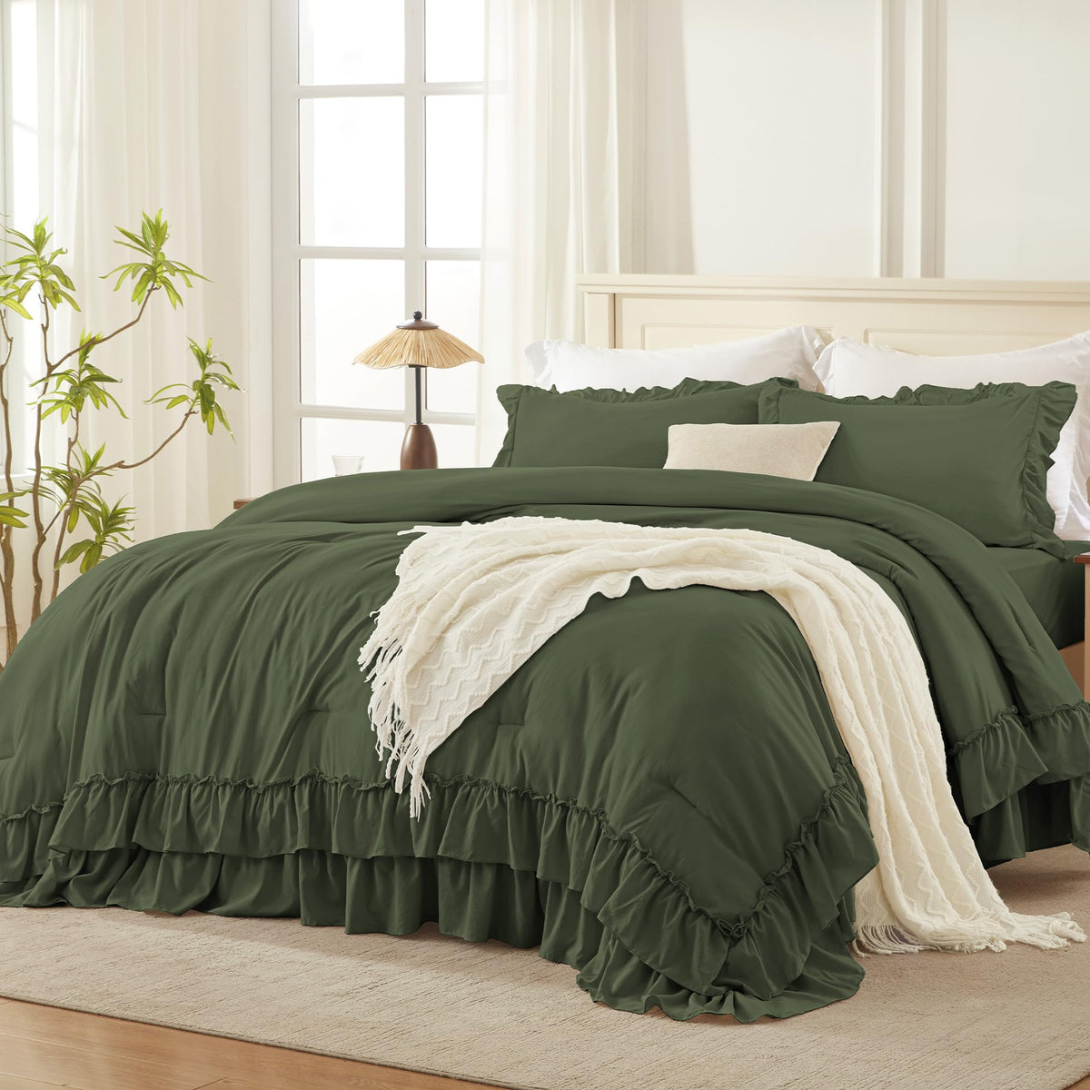 Andency Beige Ruffle Full Size Comforter Set, 3 Pieces