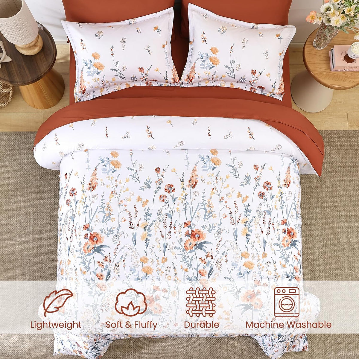 7 Piece Floral Full Size Comforter Set,Burnt Orange Cute Bedding for Girls