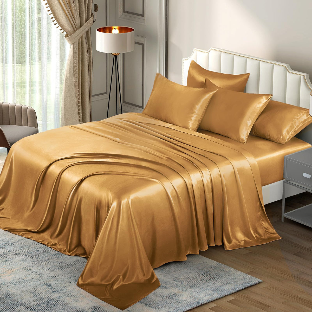 P Pothuiny Satin Sheets Set, Queen (6 Pieces, Taupe) - Luxury Soft Bed Linen Set with 1 Fitted Sheet, 1 Flat Sheet, 4 Pillowcases