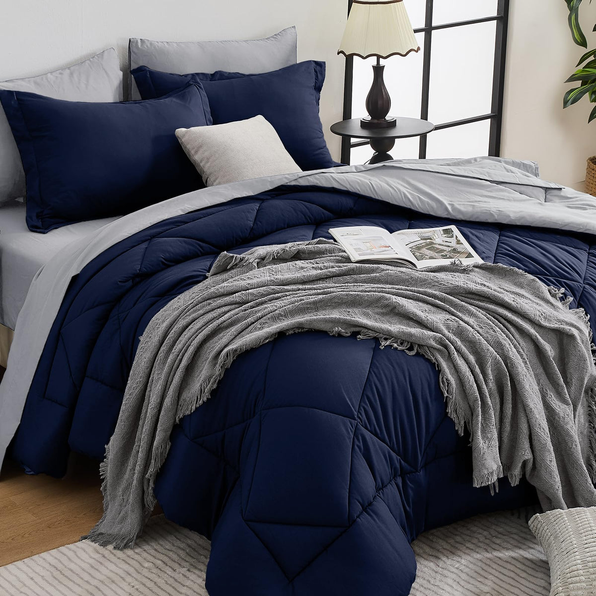 HEVUMYI 7-Piece King Comforter Set, Dark Grey Bed in a Bag