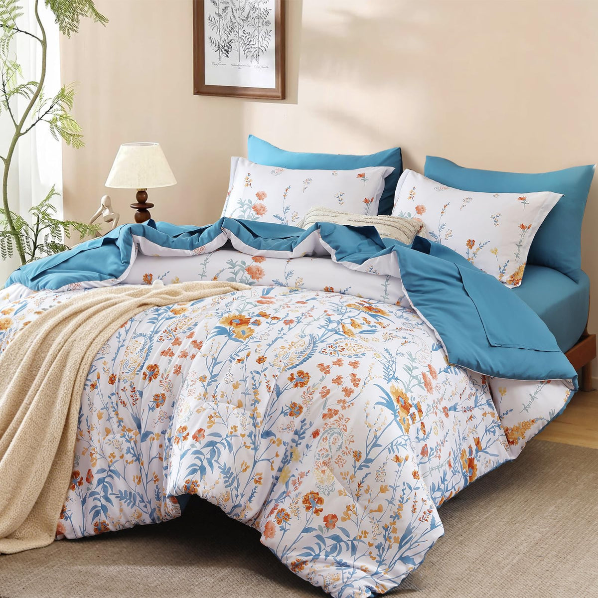 7 Piece Floral Full Size Comforter Set,Burnt Orange Cute Bedding for Girls