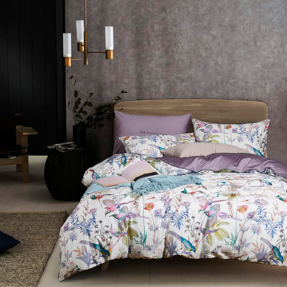 mixinni Duvet Cover Set King Size Bird Flower Pattern Soft Long Staple Cotton Floral Bedding Comforter Cover Set with Zipper Ties for Women and Men, Ultra Soft, Breathable, Easy Care-King Size