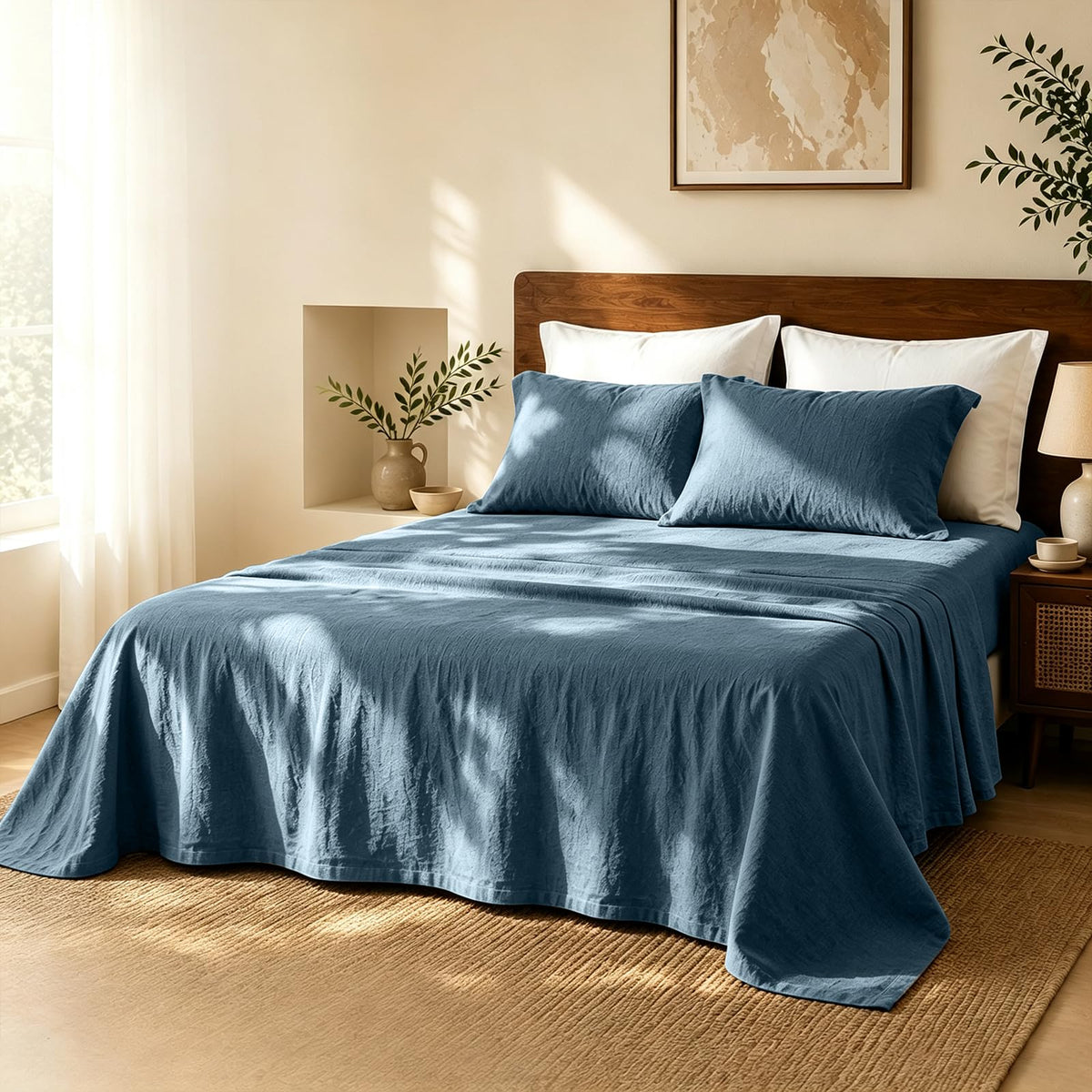 MEISHANG 100% French Linen Sheets Queen,4 Pcs,18-24" Extra Deep Pocket