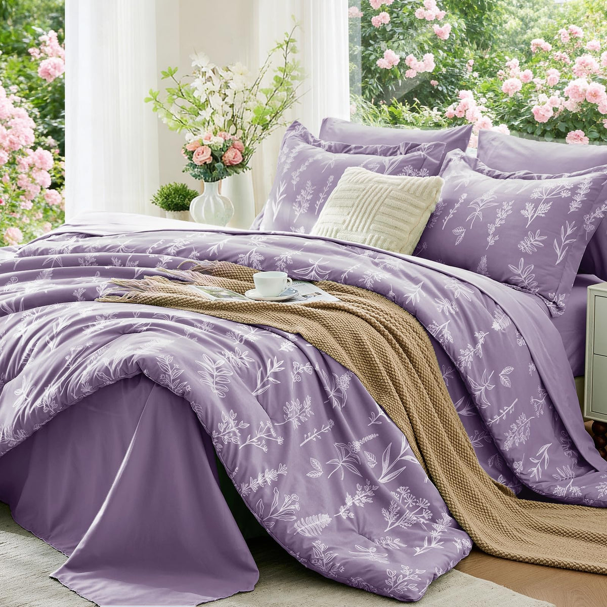 MUXHOMO Beige Full Comforter Set, Elegant Floral Print Bed in a Bag 7 Pieces, Ultra Soft & Breathable Reversible Botanical Pattern Bedding Set with Comforter, Sheets, Pillowcases, and Shams