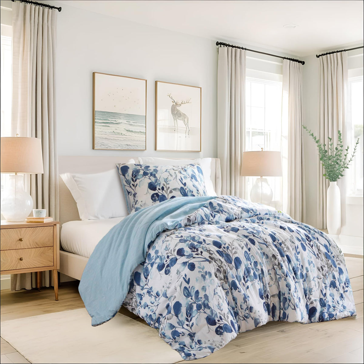 Lightweight Seersucker Botanical Comforter Set King Size, 3 Pieces Reversible Design with Striped Print, Premium Microfiber Bedding Set, Comforter and Sham Set, Green