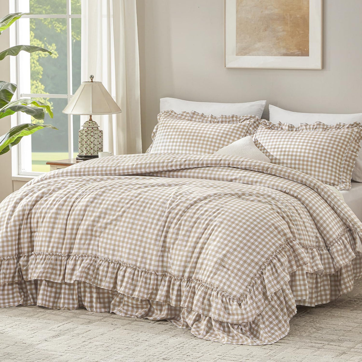 Andency Beige Ruffle Full Size Comforter Set, 3 Pieces