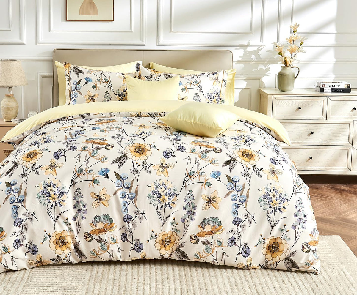 SLEEPBELLA Duvet Cover King Size, 600 Thread Count Cotton Beige & Bluish Grey Printed with Luxurious Leaves Pattern Reversible Botanical Comforter Cover Sets, Bedding Set 3Pcs (King, Beige Paisley)