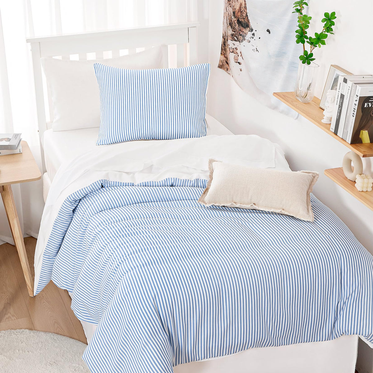 Wake In Cloud - Striped Comforter Set, Ticking Stripe Vertical Pinstripe Neutral Farmhouse Pattern Printed, Soft Lightweight Bedding, 3 Pieces, Olive Green White, King Size