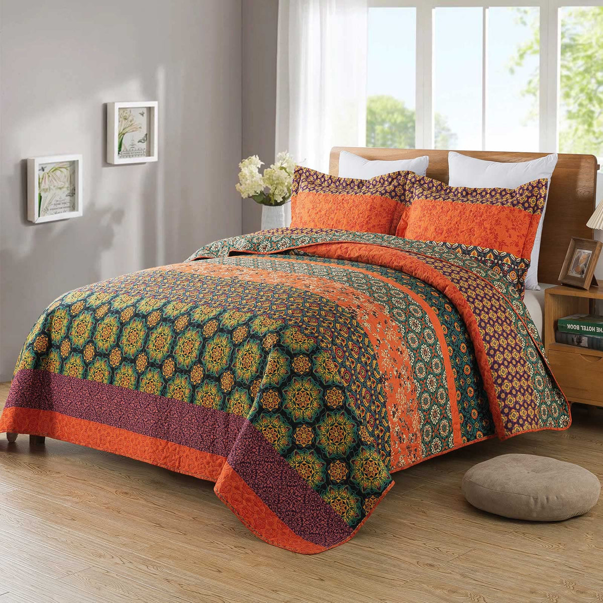 Travan 3-Piece Quilt Set Quilted Bedspread Lightweight Coverlet Set Garden Style Floral Printed Oversized Quilted Bedding Set with Shams for All Season, Exquisite, Queen Size