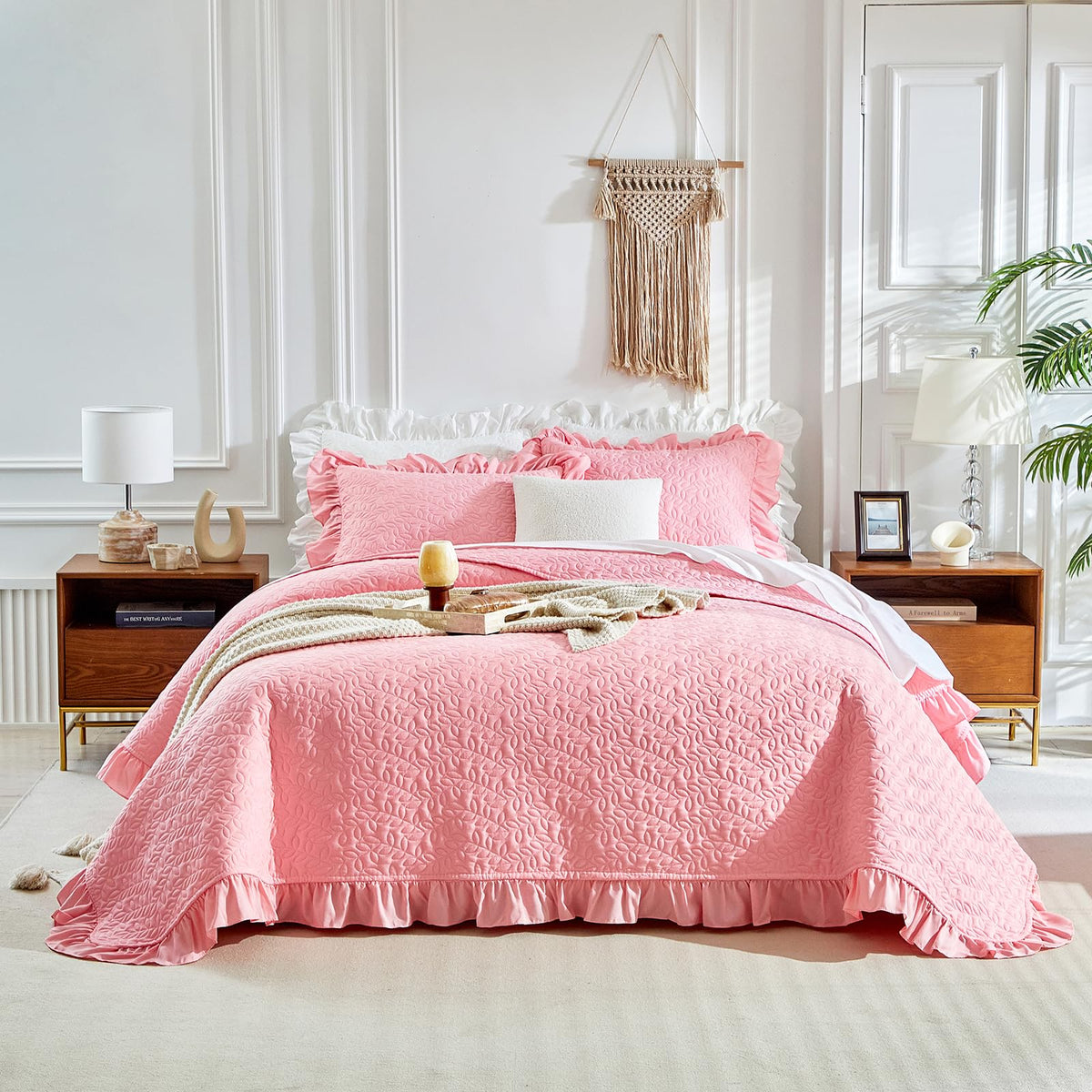 Ruffled Quilt Set King Size 96 * 108in - 3 Pieces Solid Shabby Chic Farmhouse Ruffle Bedding Rustic Coverlet & Sets Lightweight Fluffy Summer Oversized Bedspread with Shams for Women Men - Green