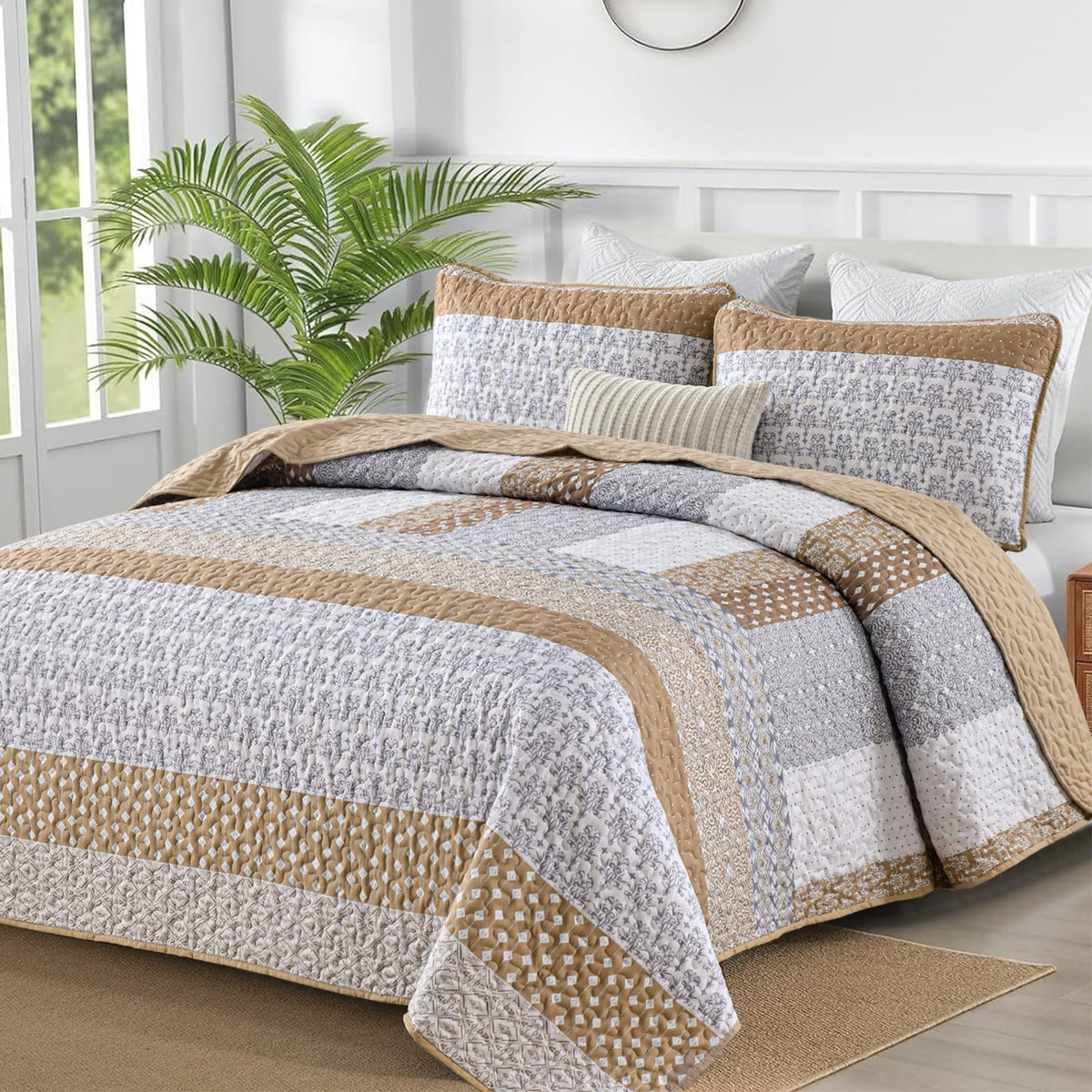 WONGS BEDDING Beige Quilt Queen Size, Boho Striped Bedspread