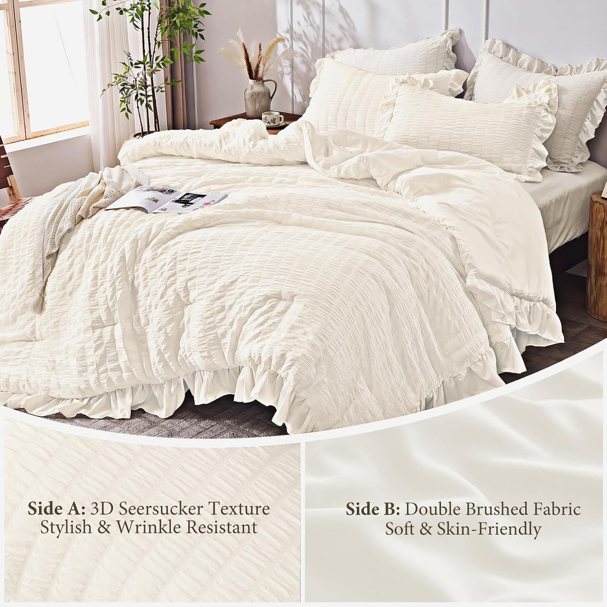 JOLLYVOGUE Ivory Comforter Full Size, 3 Pieces Seersucker Lightweight Full Size Bedding, All Season Fluffy Microfiber Bedding Comforter Set with 1 Ruffle Comforter and 2 Ruffle Pillowshams