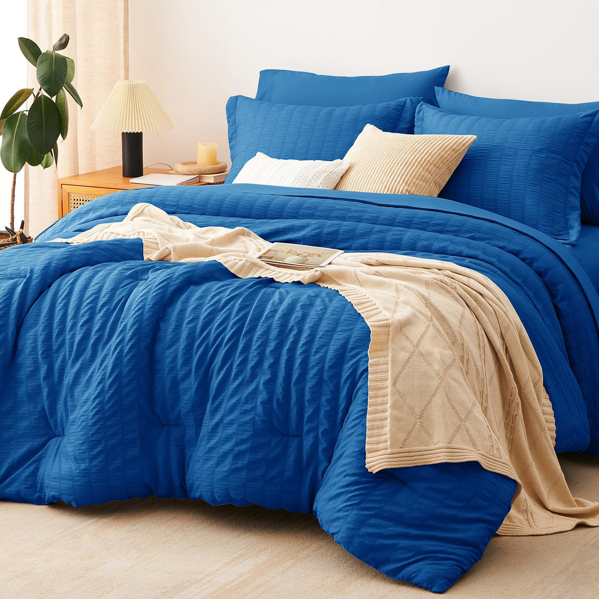 CozyLux Queen Comforter Set, 7 Pieces Beige Seersucker Bed in a Bag