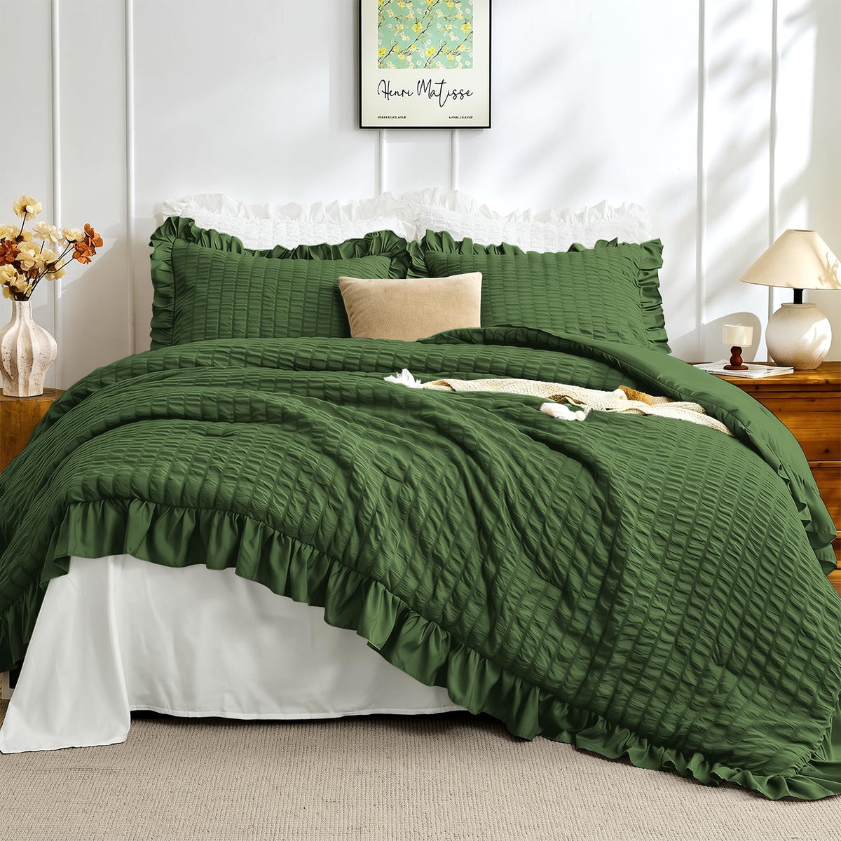 JOLLYVOGUE Ivory Comforter Full Size, 3 Pieces Seersucker Lightweight Full Size Bedding, All Season Fluffy Microfiber Bedding Comforter Set with 1 Ruffle Comforter and 2 Ruffle Pillowshams