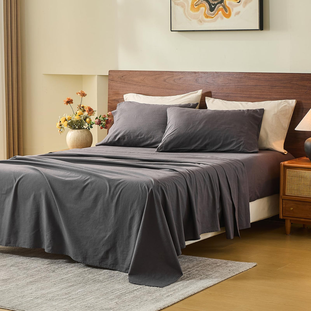 MEISHANG 100% French Linen Sheets Queen,4 Pcs,18-24" Extra Deep Pocket