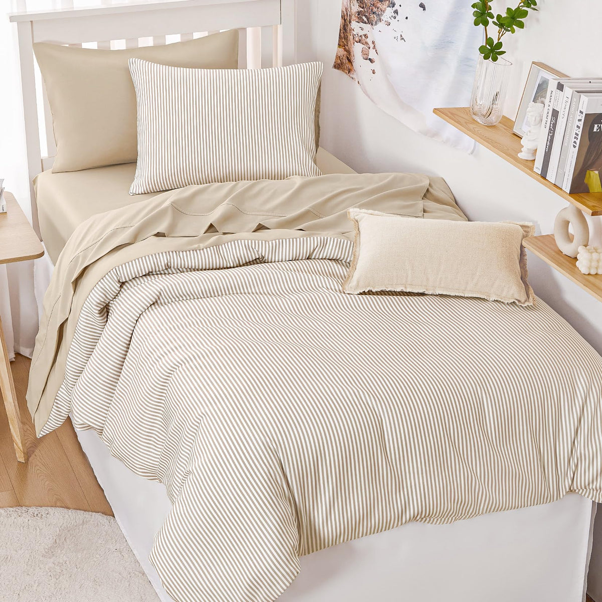 Wake In Cloud - Striped Comforter Set, Ticking Stripe Vertical Pinstripe Neutral Farmhouse Pattern Printed, Soft Lightweight Bedding, 3 Pieces, Olive Green White, King Size