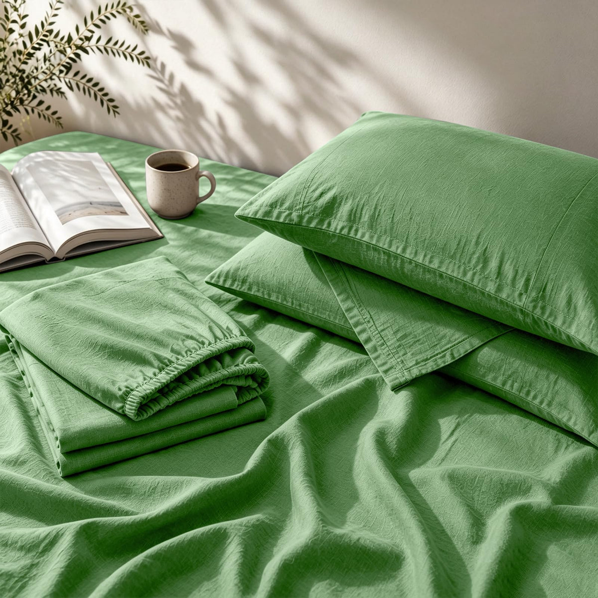 MEISHANG 100% French Linen Sheets Queen,4 Pcs,18-24" Extra Deep Pocket