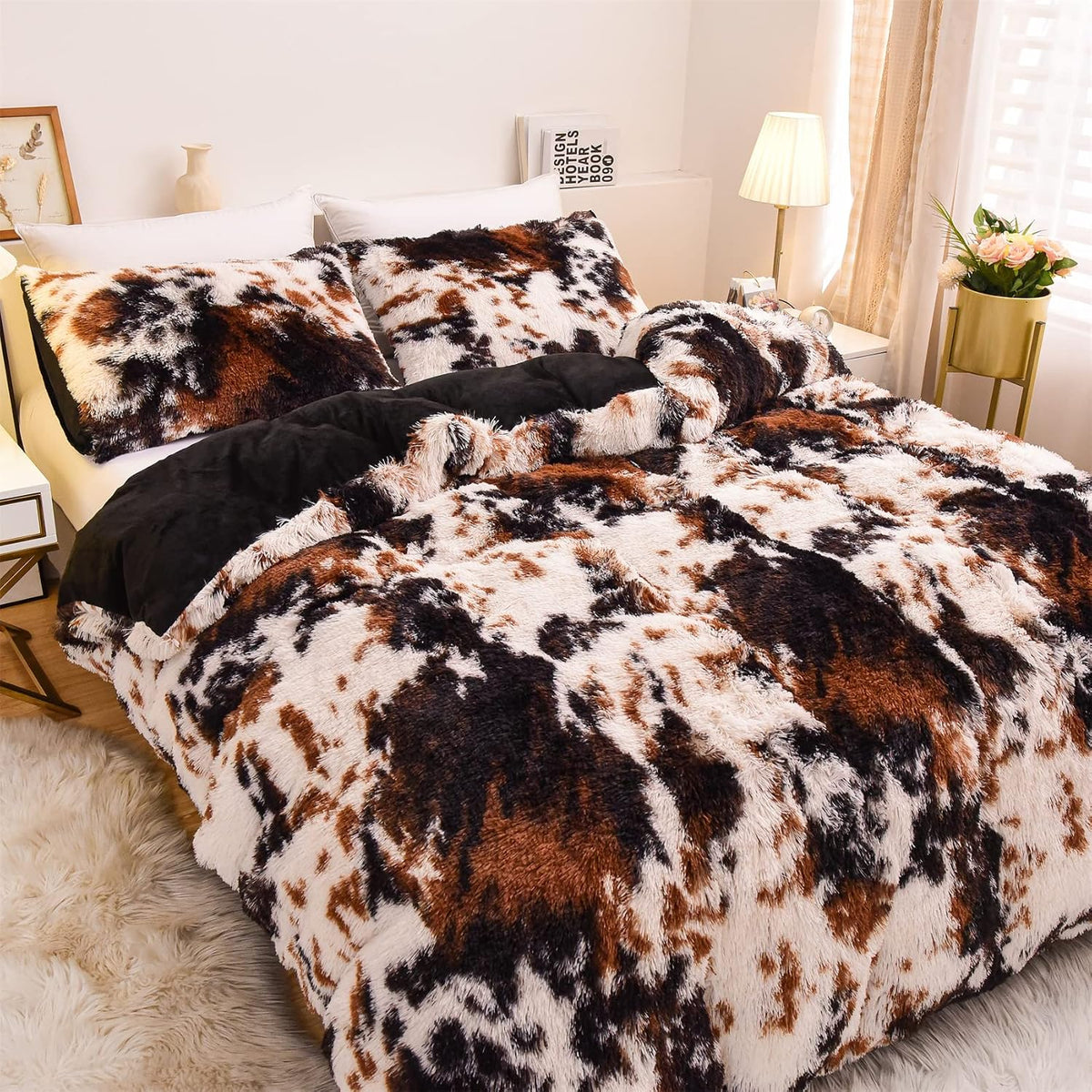 Aimuan Cow Print Duvet Cover Shaggy Fluffy Tie Dye Brown Black Velvet Bedding Cover Set Super Soft Faux Fur Fuzzy Comforter Cover with Pillowcases (Coffee-Black, Queen)