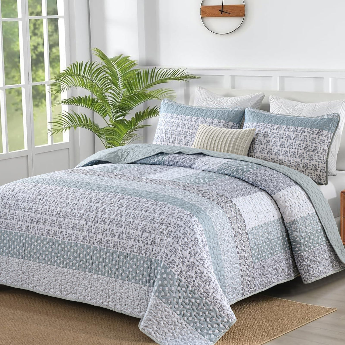 WONGS BEDDING Beige Quilt Queen Size, Boho Striped Bedspread