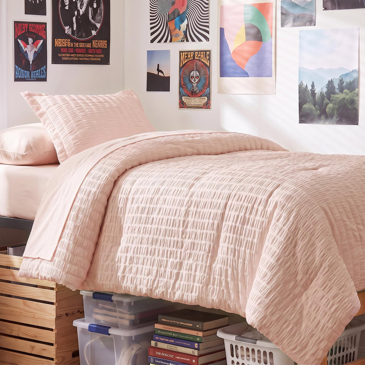 CozyLux Queen Comforter Set, 7 Pieces Beige Seersucker Bed in a Bag