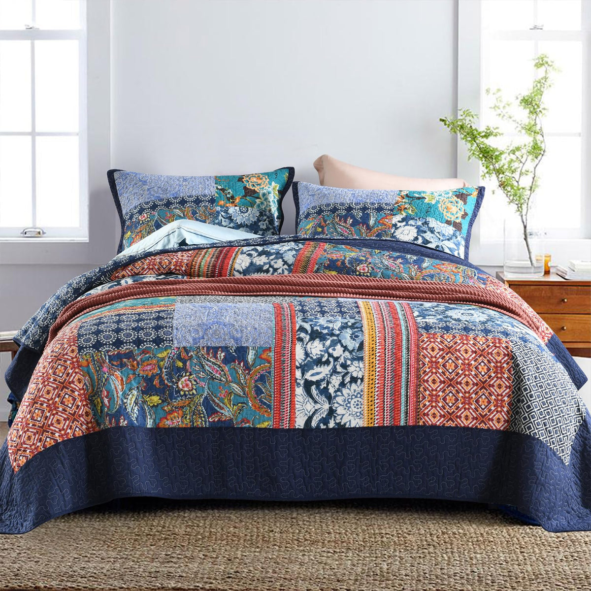 Secgo King Size Comforter Set- 100% Cotton Quilt King Size Set, Green, Sage bedspreads (96 * 108 Inch) with 2 Pillow Shams, Patchwork Reversible Lightweight Bedding
