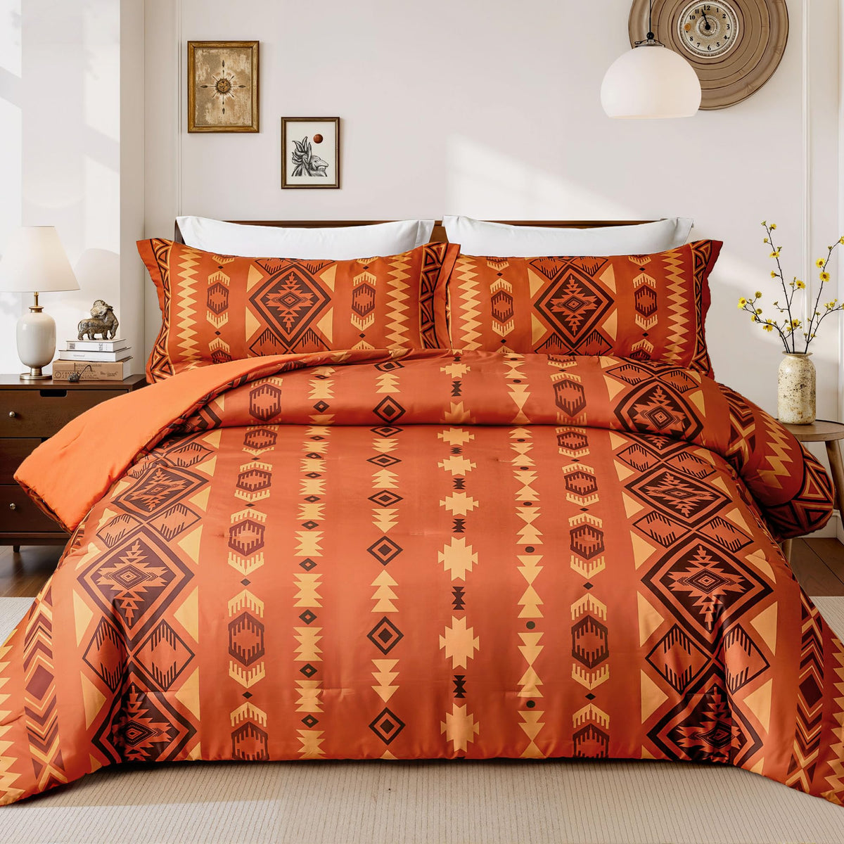 Tyrot King Comforter Set – 3 Piece Brown Boho Aztec Bedding, Western Southwestern Style Comforter Sets, Soft Lightweight Comforter for All Seasons, 1 Comforter & 2 Pillow Shams