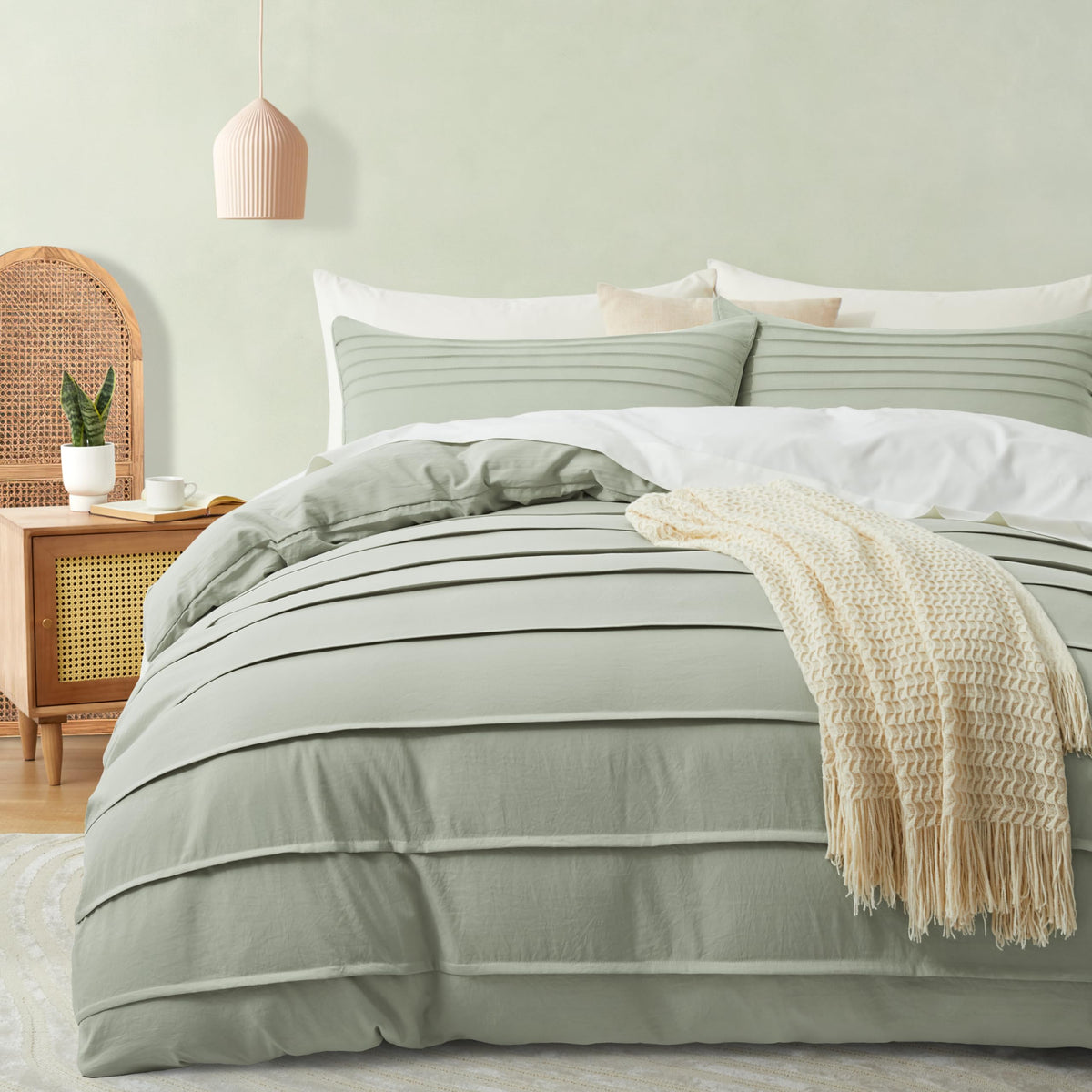 Oli Anderson 3PCS Pleated Duvet Cover Set, Sage Green, Queen