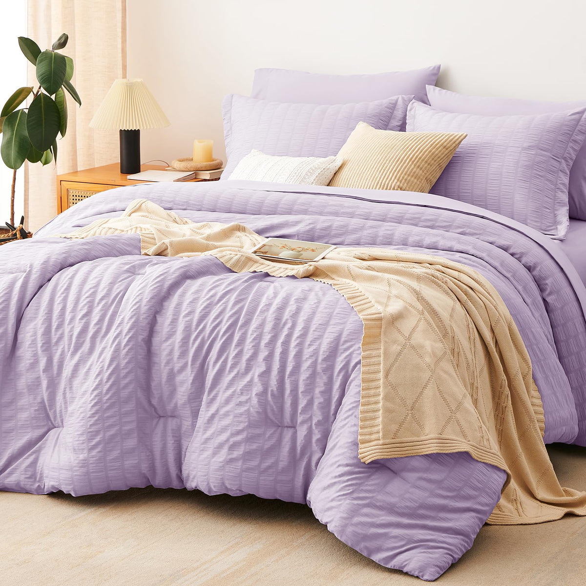CozyLux Queen Comforter Set, 7 Pieces Beige Seersucker Bed in a Bag