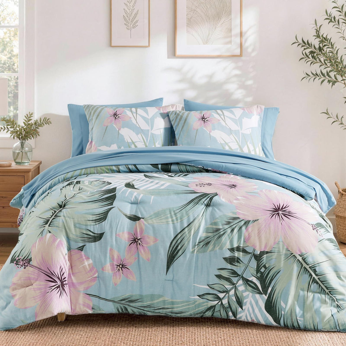 Queen Comforter Set - 7 Pieces Soft Floral Bed in a Bag Queen Bedding Sets