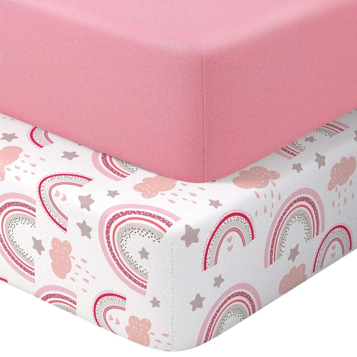 Baby Crib Sheets 2 Pack for Boys and Girls Fit for Standard Crib Toddler Mattress Breathable Soft Microfiber Baby Sheet 28x52x8in (Pink Rainbow & Pink)