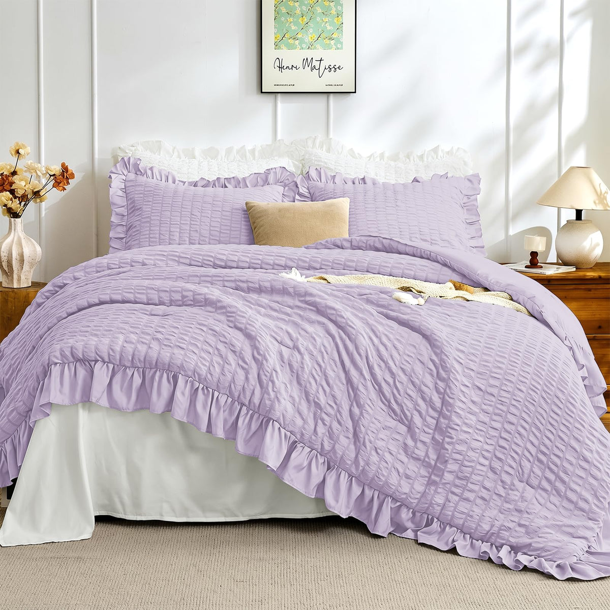 JOLLYVOGUE Ivory Comforter Full Size, 3 Pieces Seersucker Lightweight Full Size Bedding, All Season Fluffy Microfiber Bedding Comforter Set with 1 Ruffle Comforter and 2 Ruffle Pillowshams