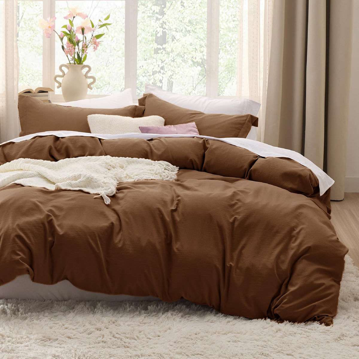 Bedsure Prewashed Duvet Cover Queen, Cotton-Like Soft Bedding Set, Beige