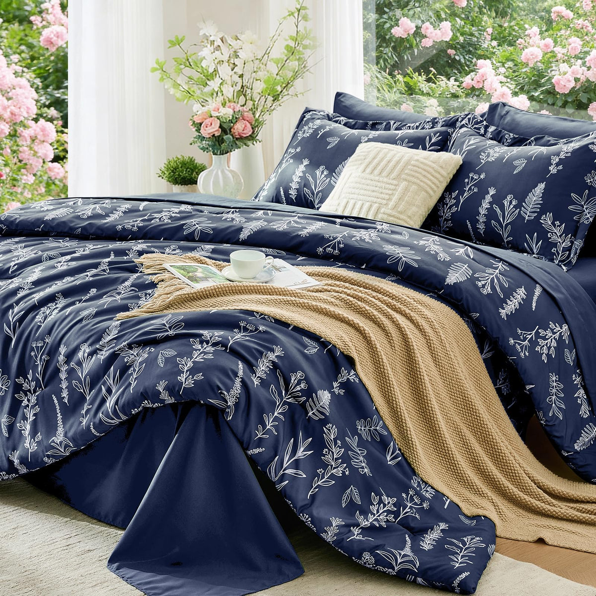 MUXHOMO Beige Full Comforter Set, Elegant Floral Print Bed in a Bag 7 Pieces, Ultra Soft & Breathable Reversible Botanical Pattern Bedding Set with Comforter, Sheets, Pillowcases, and Shams
