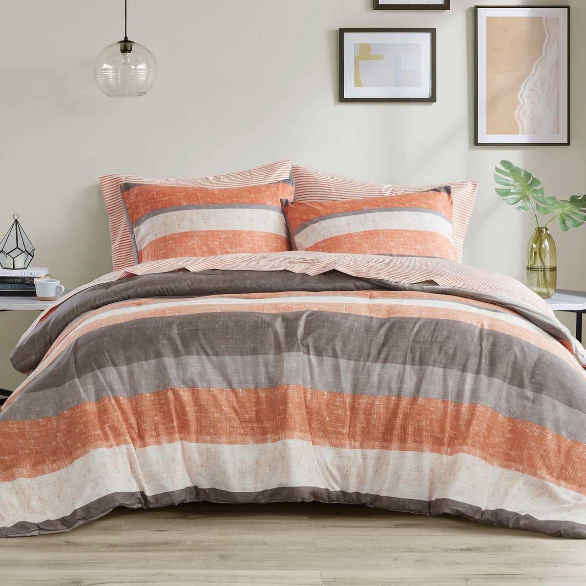 Madison Park Essentials Queen Comforter Set, Bed in A Bag Comforter & Sheet Set, Modern Casual Stripes Print, All Seasons, Soft Microfiber Bedding Makeover, Matching Shams, Queen Taupe/Grey 7 Piece