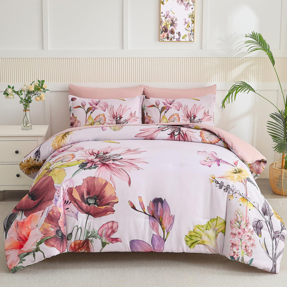 Yogeneg 7 Piece Bed in a Bag Queen Comforter Set Botanical Floral Bedding Set,White Flowers Leaves Printed on Black Reversible Design,Soft Microfiber Comforter with Sheet Set,All Season