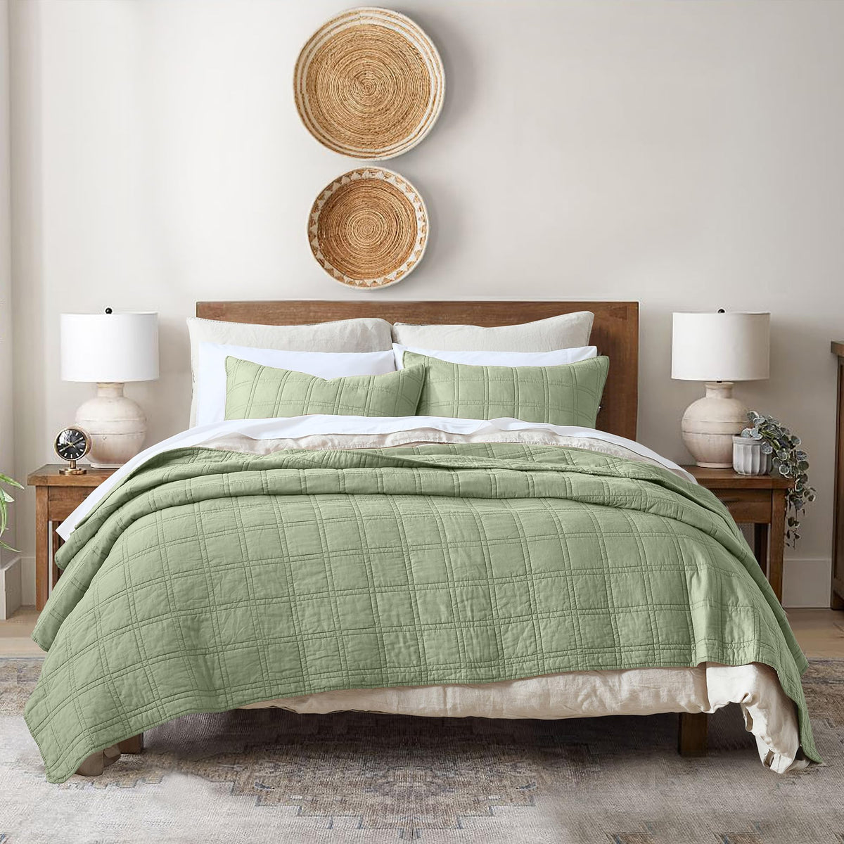 HORIMOTE HOME 100% Cotton Quilt Set Queen Size, Baby Blue Pre-Washed 3-Piece Bedspread Coverlet Set, Cozy Lightweight Stitching Bedding Cover with 2 Shams in Geometric Pattern for All Season