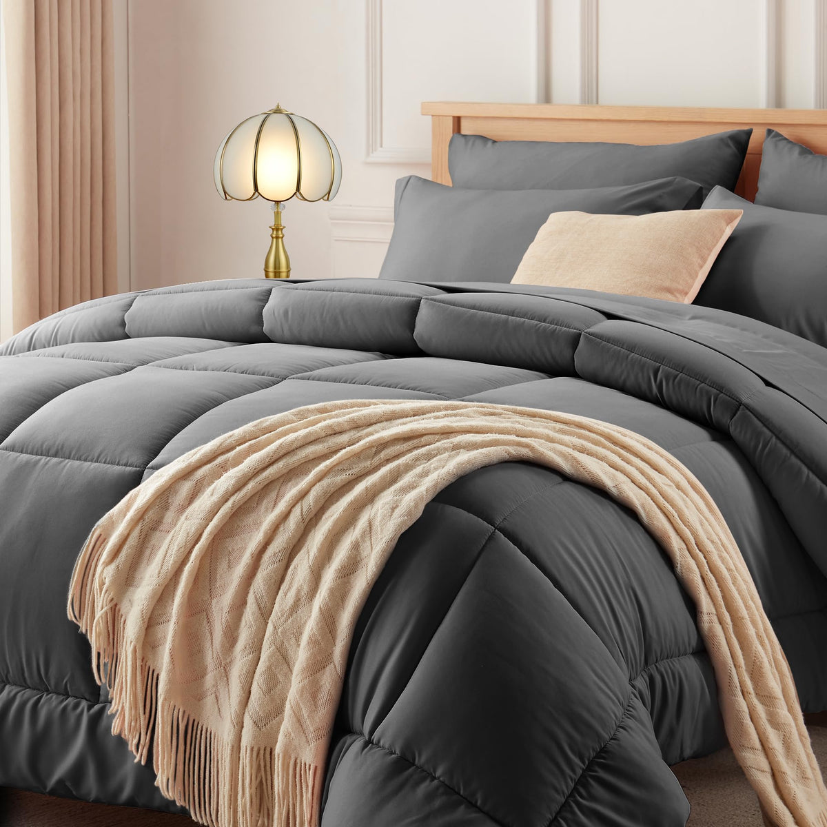 Newspin Queen Comforter Set 8 Pieces Bed in a Bag Soft Bedding Set Beige