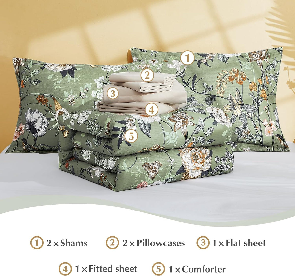 Queen Comforter Set - 7 Pieces Soft Floral Bed in a Bag Queen Bedding Sets