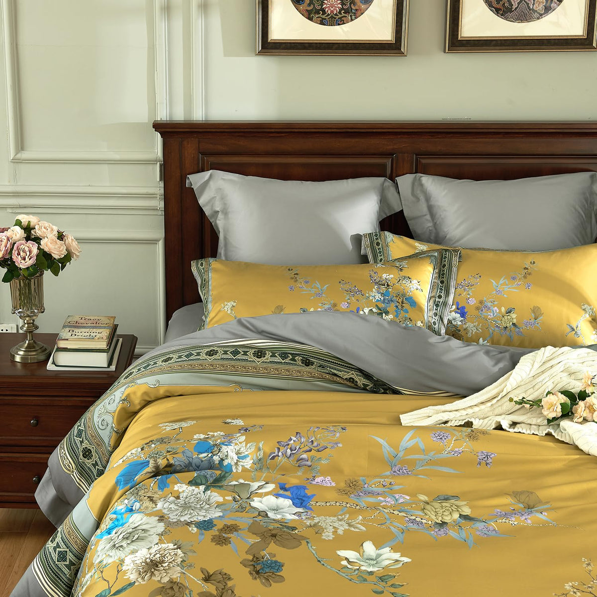 mixinni Duvet Cover Set King Size Bird Flower Pattern Soft Long Staple Cotton Floral Bedding Comforter Cover Set with Zipper Ties for Women and Men, Ultra Soft, Breathable, Easy Care-King Size